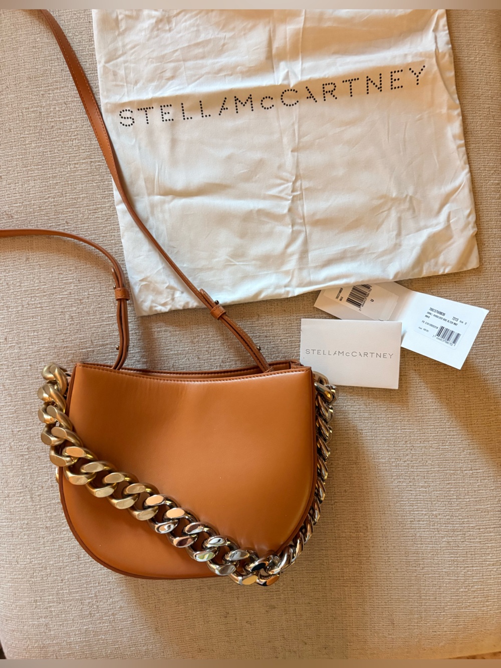 Stella McCartney Cognac Vegan Leather Bag with Chunky Gold and Silver Chain